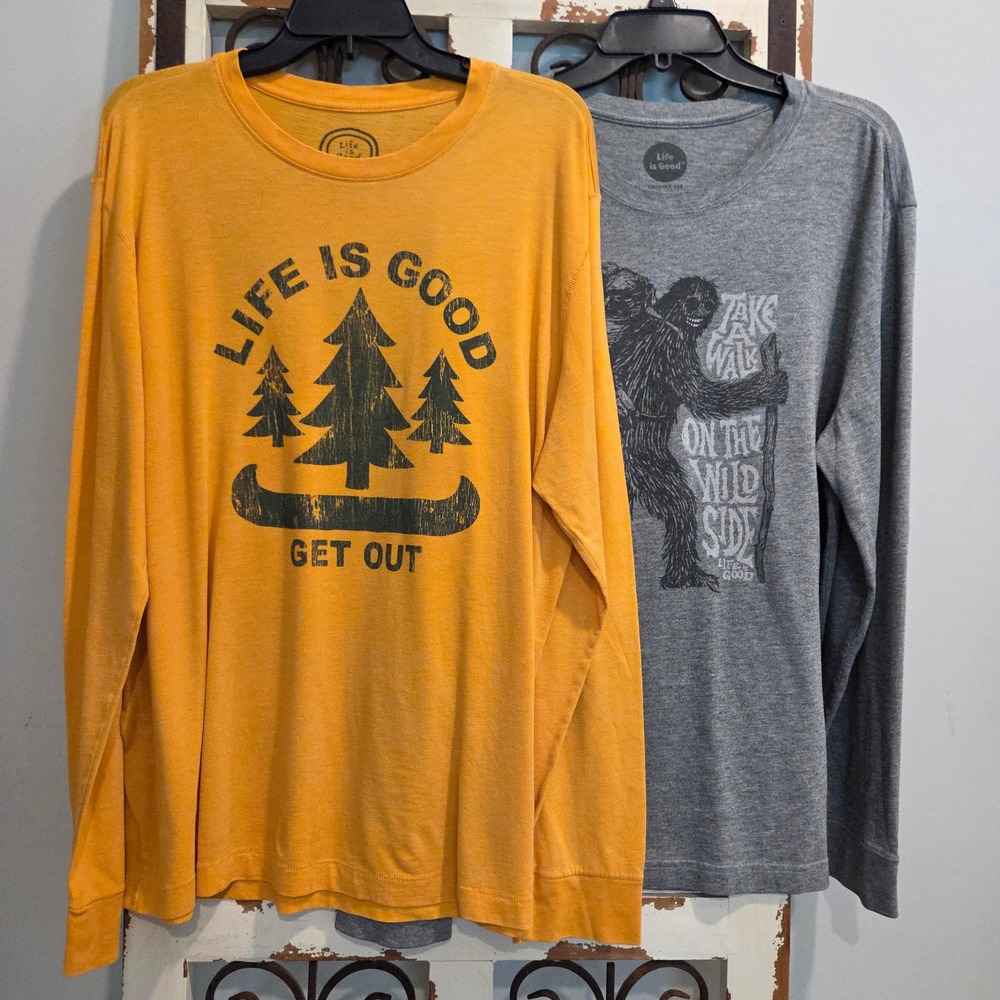 Life is Good Mens Crusher Tee Bundle Long Sleeve Bigfoot Canoe Yellow Grey L